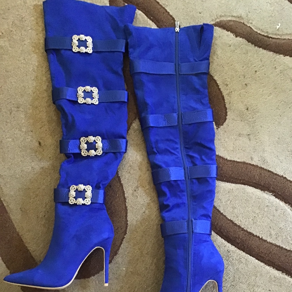 Royal Blue Suede boots with jeweled buckles